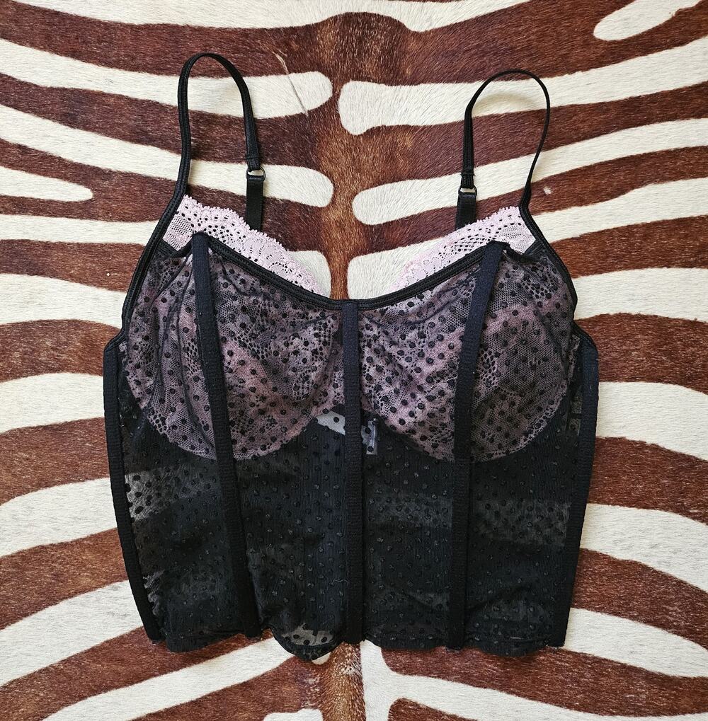 Vintage Y2K Rampage Coquette Black Sheer Polka Dot Mesh Corset Bra 34D